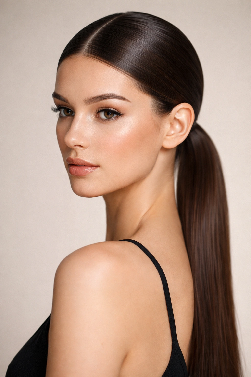 Close-up of sleek center-part low ponytail with precise part and smooth finish