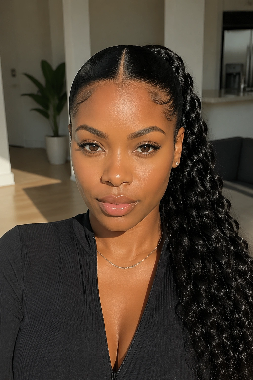Close-up of a real woman with a center-part sleek ponytail and crisp lines