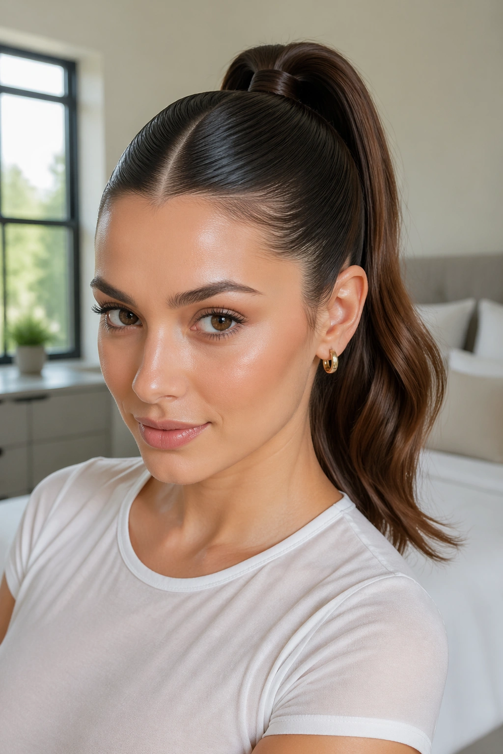 Close-up of a woman with a sleek center-part high ponytail in natural window light