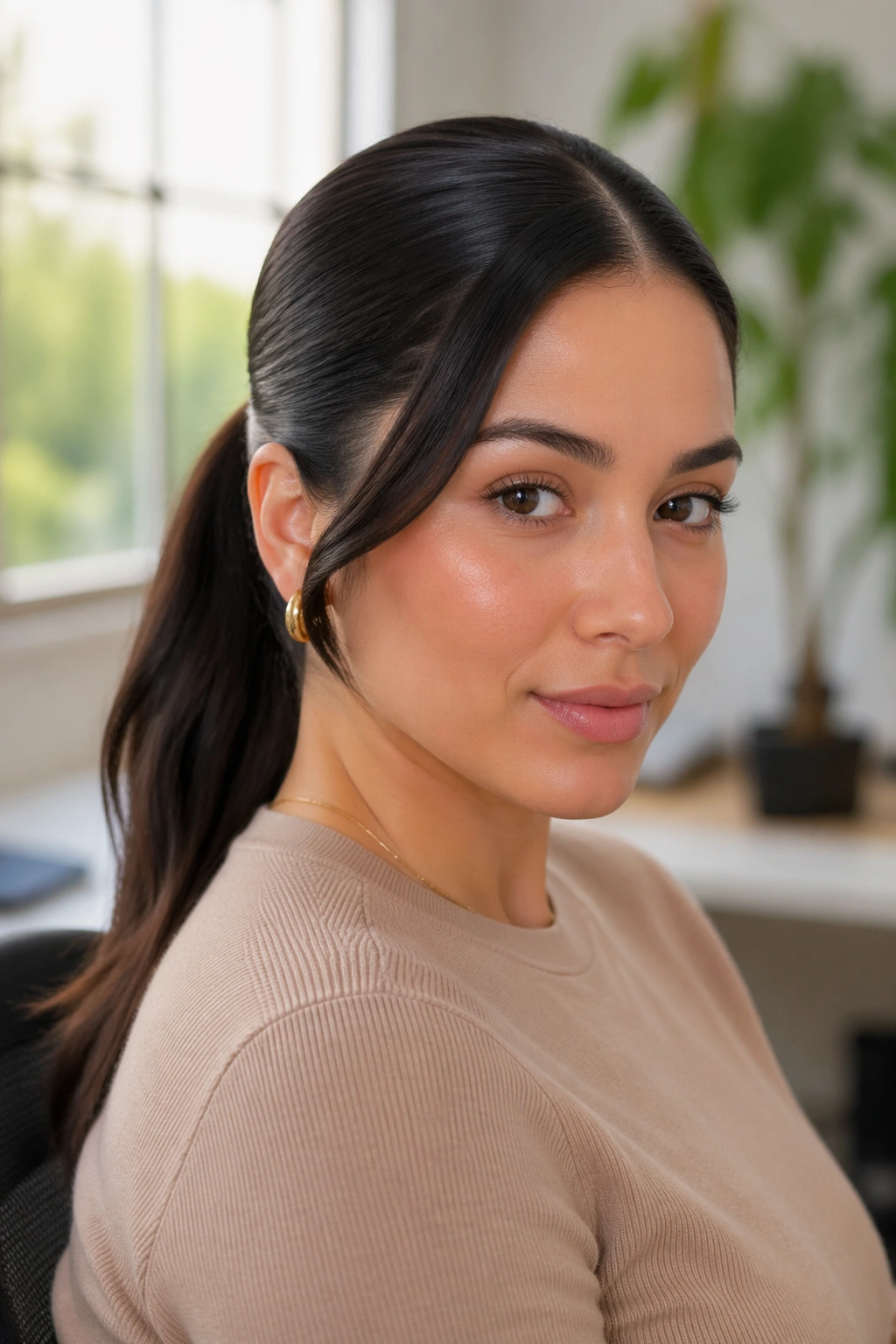 Close-up portrait of a real woman with Sleek Center-Part Mid Swoop Ponytail
