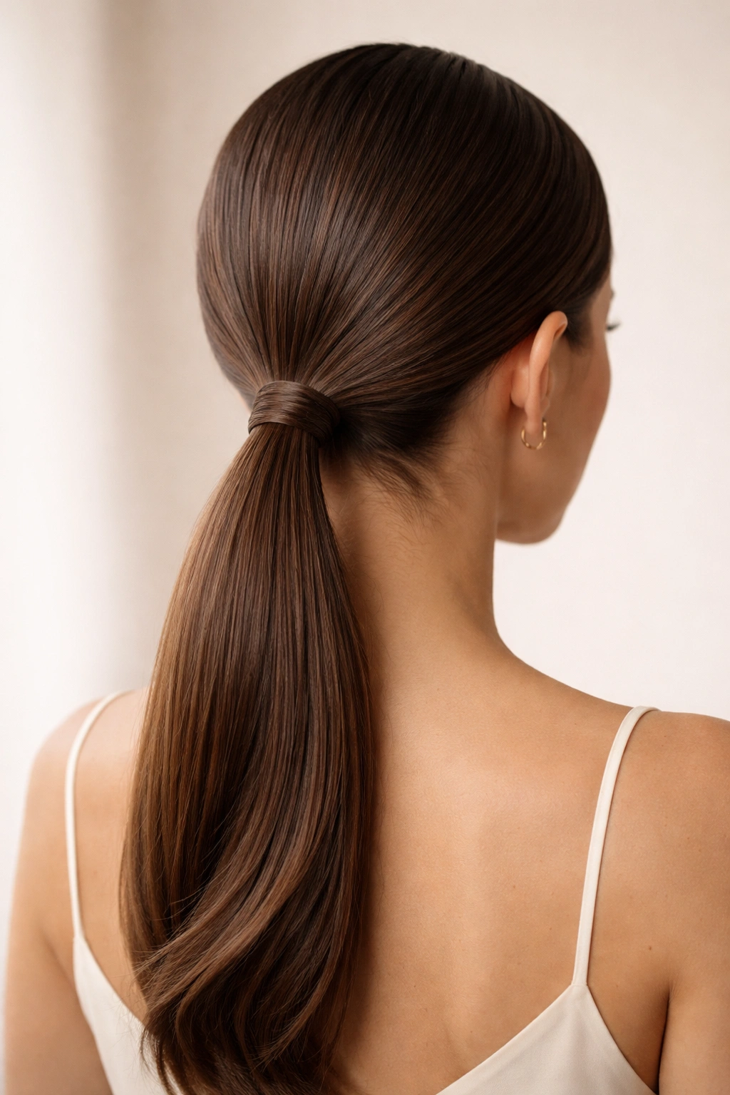Sleek center-part low ponytail with wrapped elastic at nape