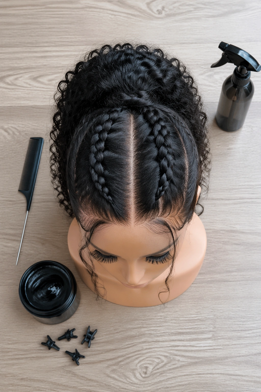 Center-part stitch braid ponytail with face-framing pieces laid out with styling tools.