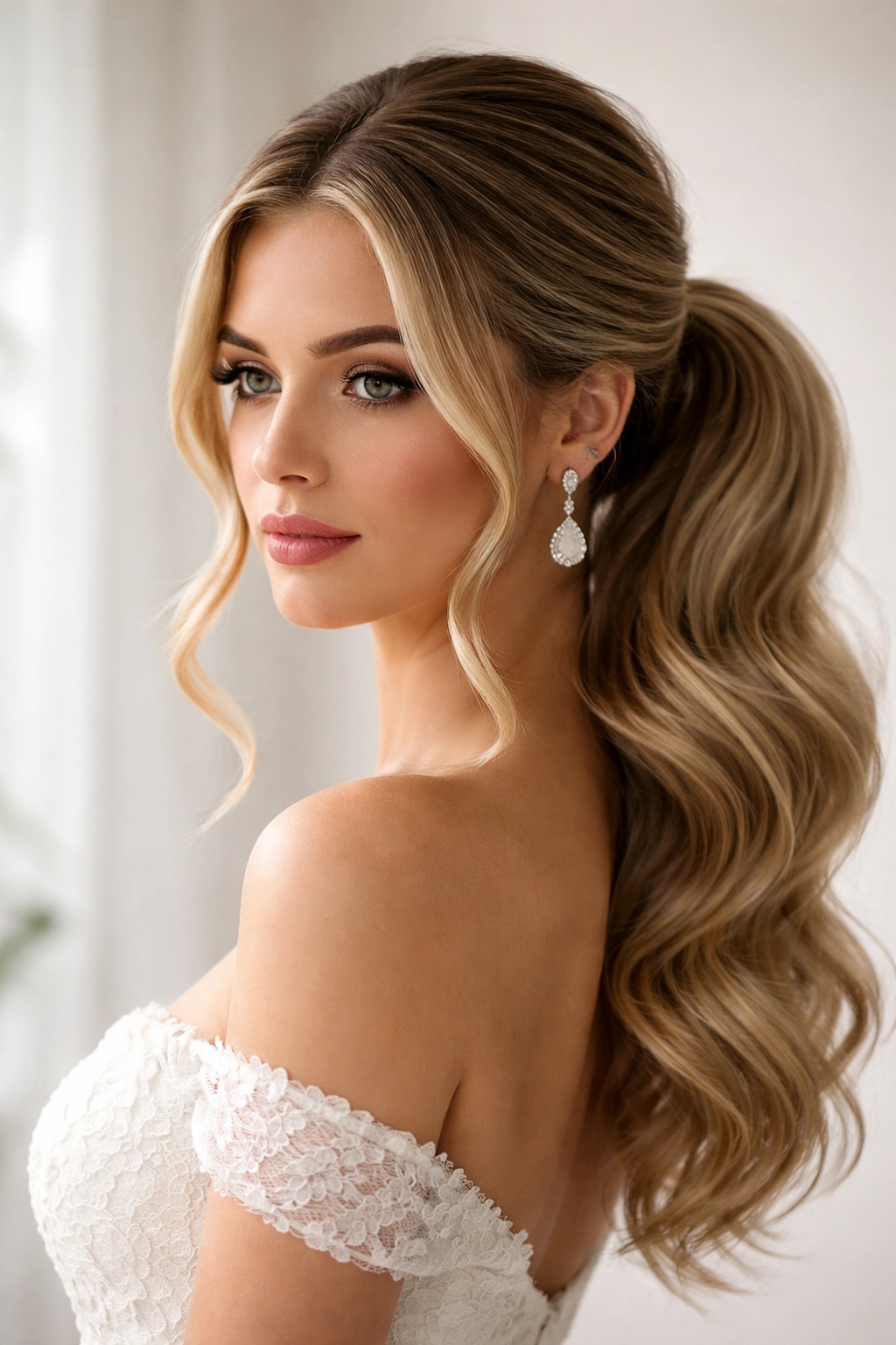 Center-part ponytail with symmetric waves and full tail