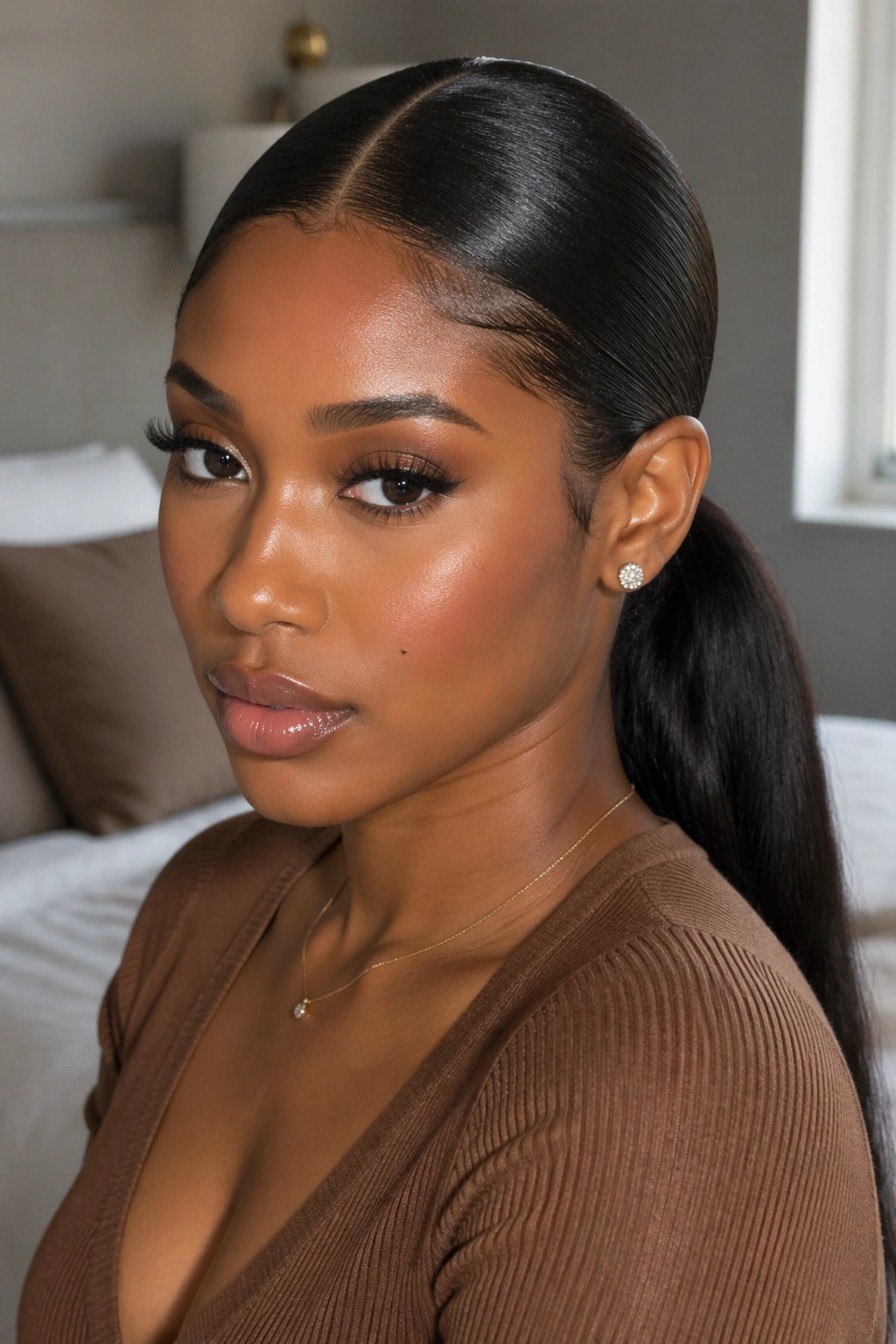 Close-up of a real woman with center-part low weave ponytail and wrapped base in natural window light