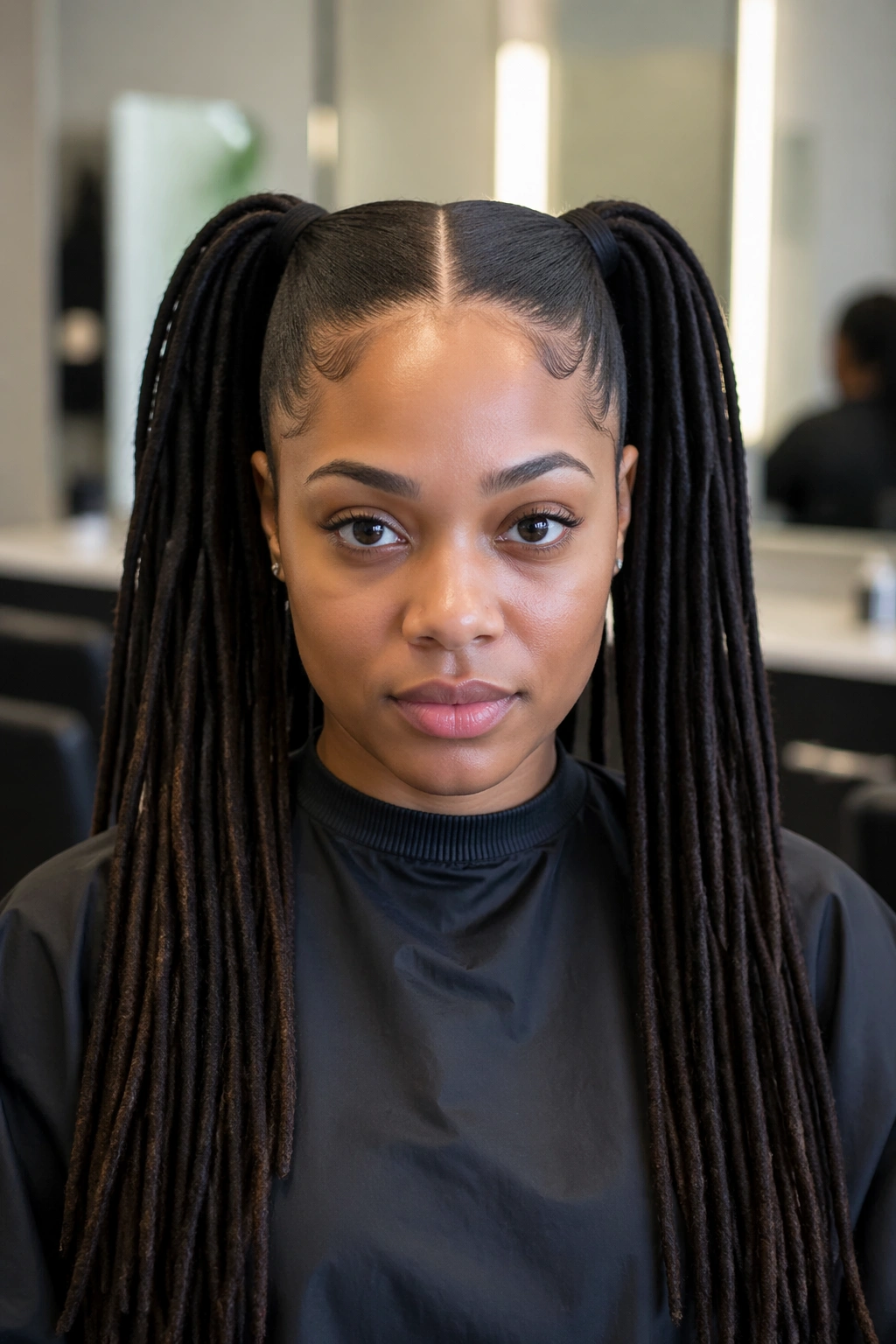 Portrait of a real person with sleek center-part double ponytails in a modern salon