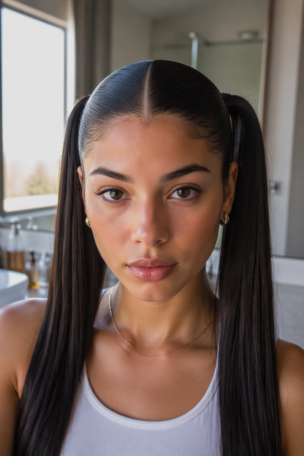 Close-up of a real woman with a sharp center-part and two sleek equal-height ponytails