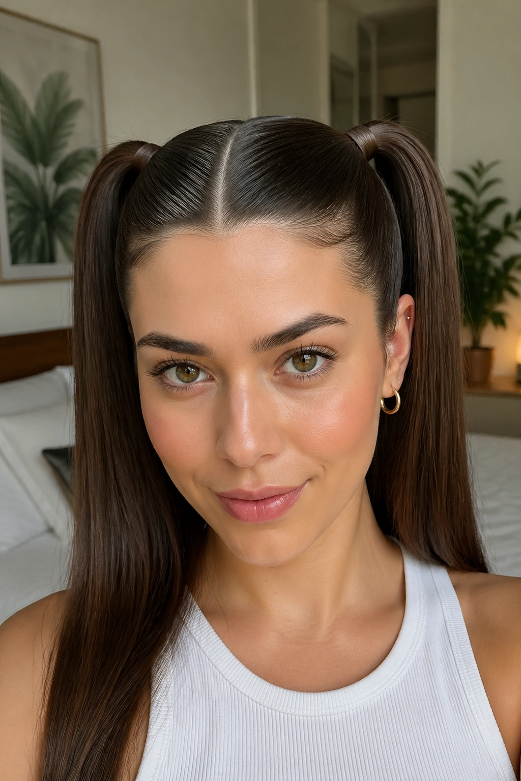 Close-up portrait of a woman with a sleek center-part double ponytail