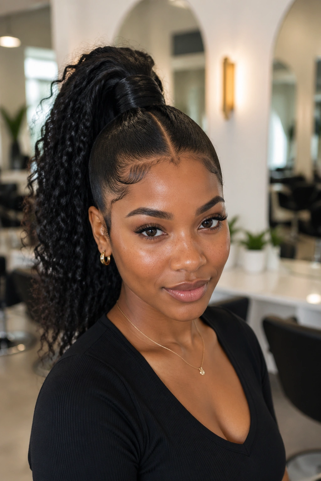 Medium close-up of a real woman with a center-part sculpted high ponytail in a chic setting