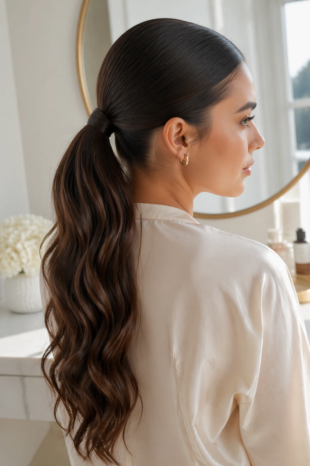 Side profile of center-part sleek ponytail at a bright vanity.