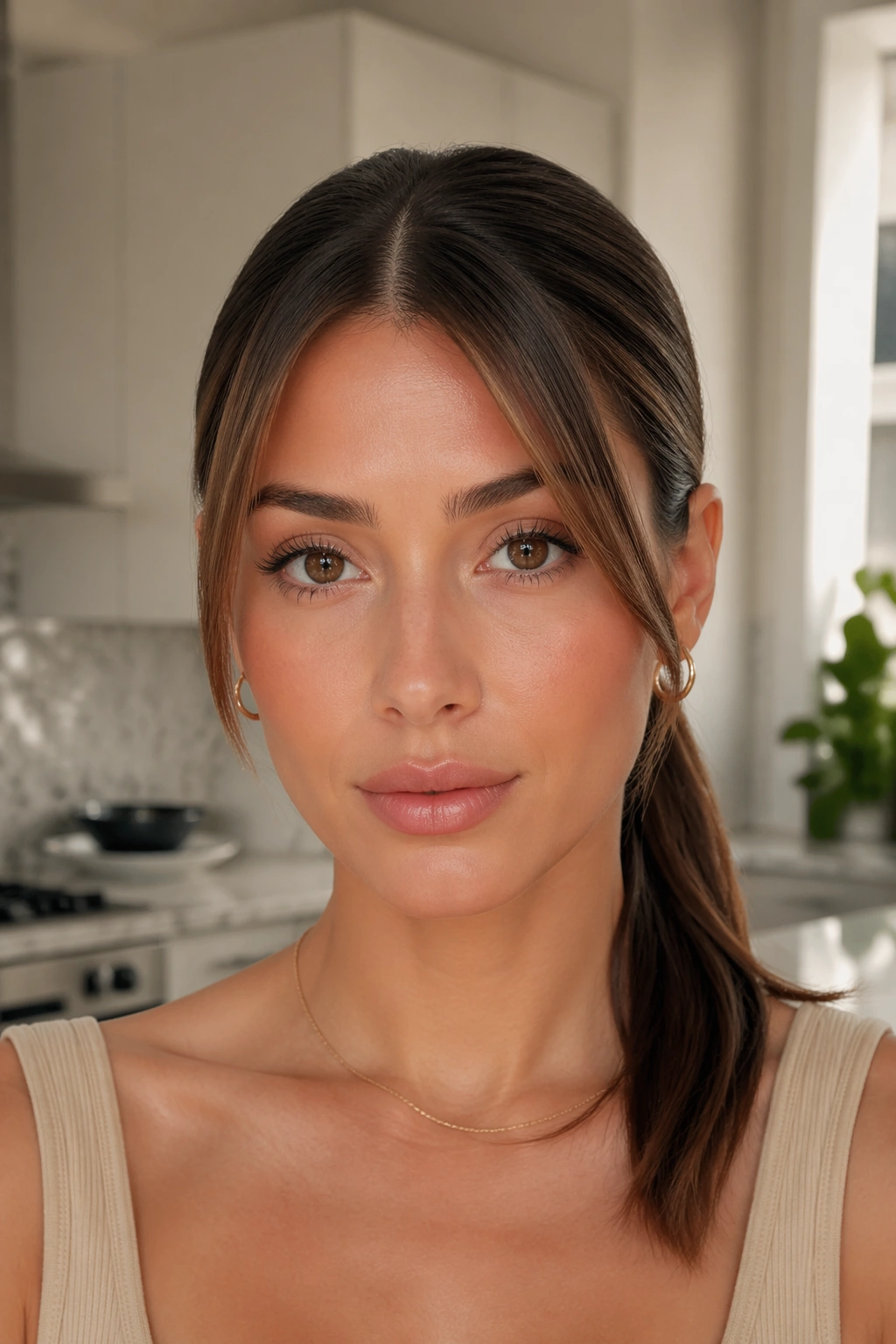 Close-up portrait of a real woman with a center-part sleek ponytail and lifted front