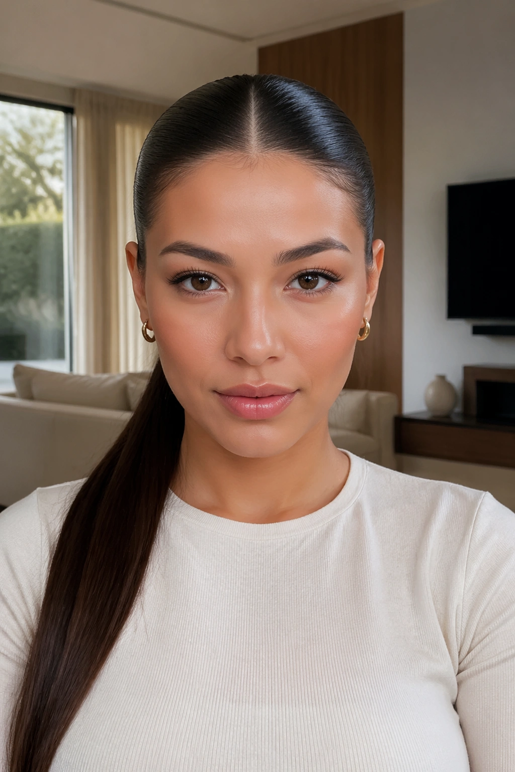 Portrait of a woman with a center-part sleek ponytail in natural light