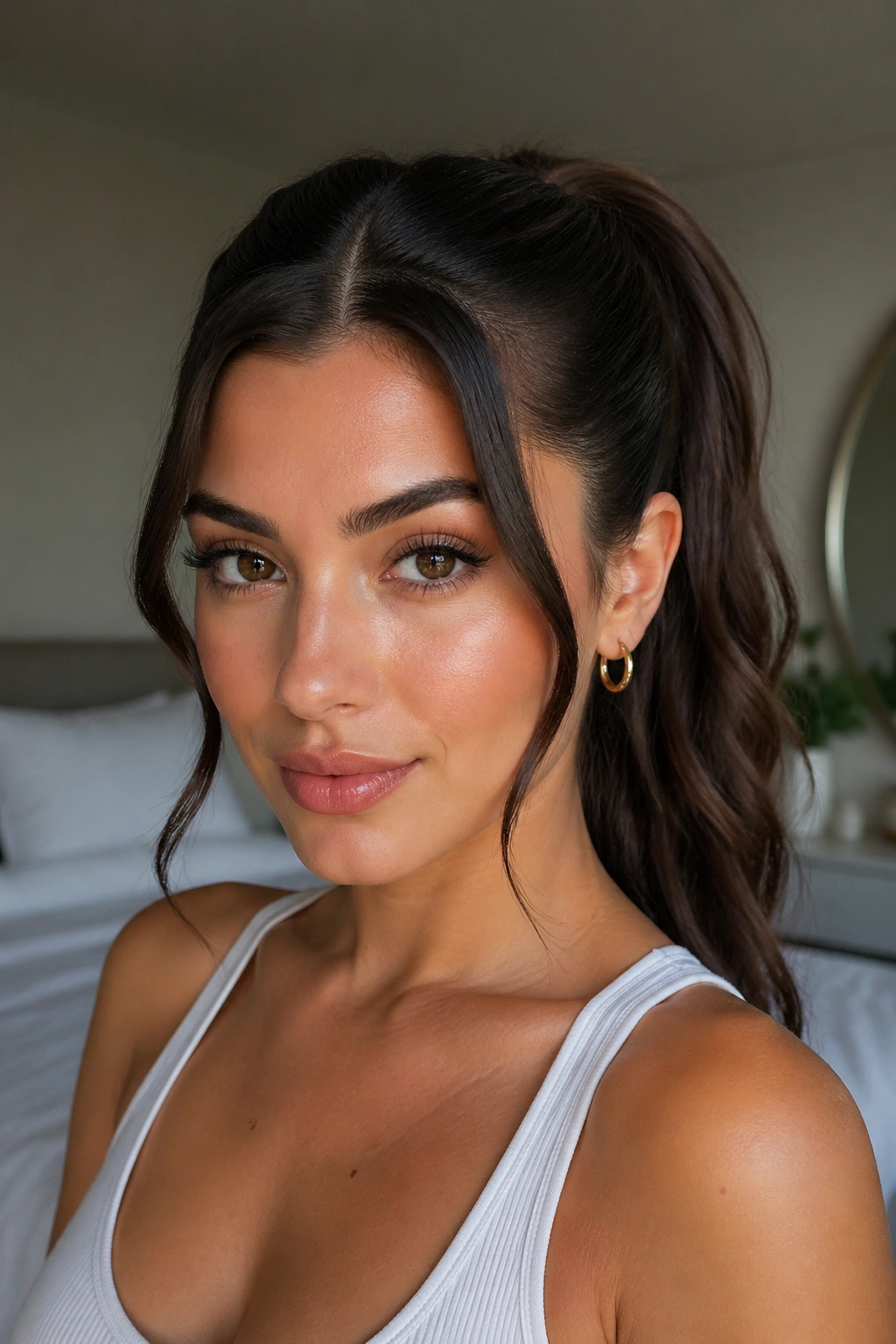 Close-up of a real woman with center-part double swoop ponytails and mid-crown ponytail