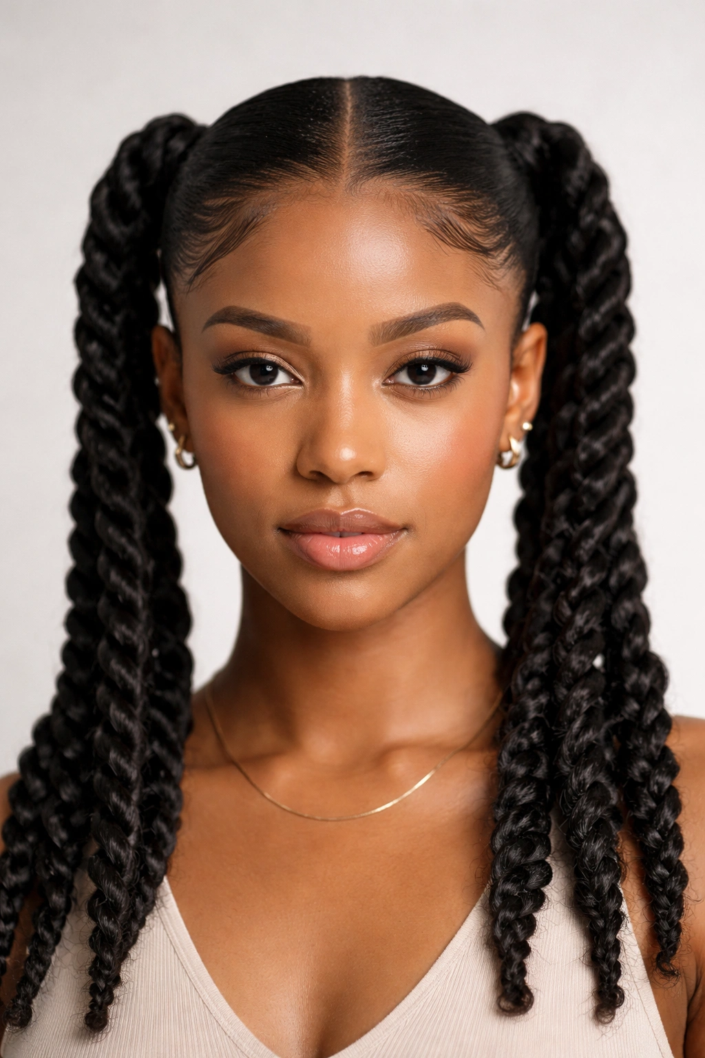 Center-part symmetrical twist double ponytails showing equal sections and clean scalp line.