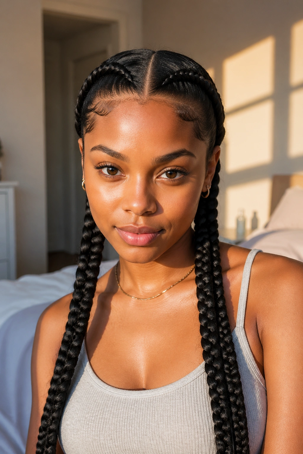 Close-up portrait of a real woman with a center-part twin braids hairstyle
