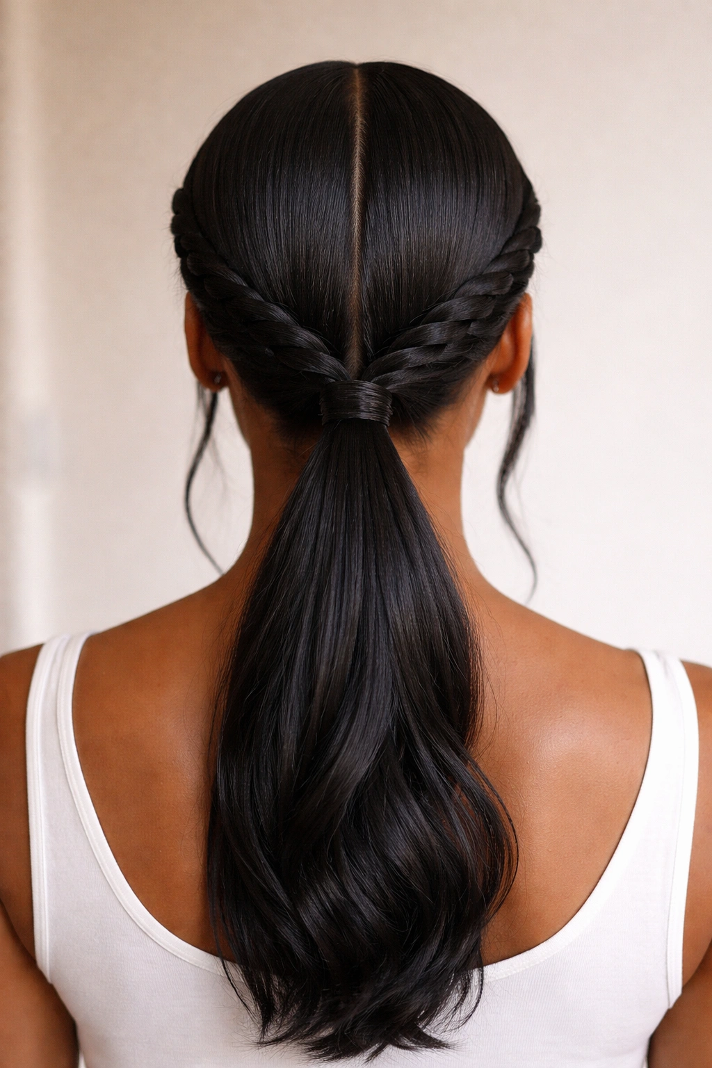 Back view of a sleek center-part twisted low ponytail with two face-framing twists meeting at the nape