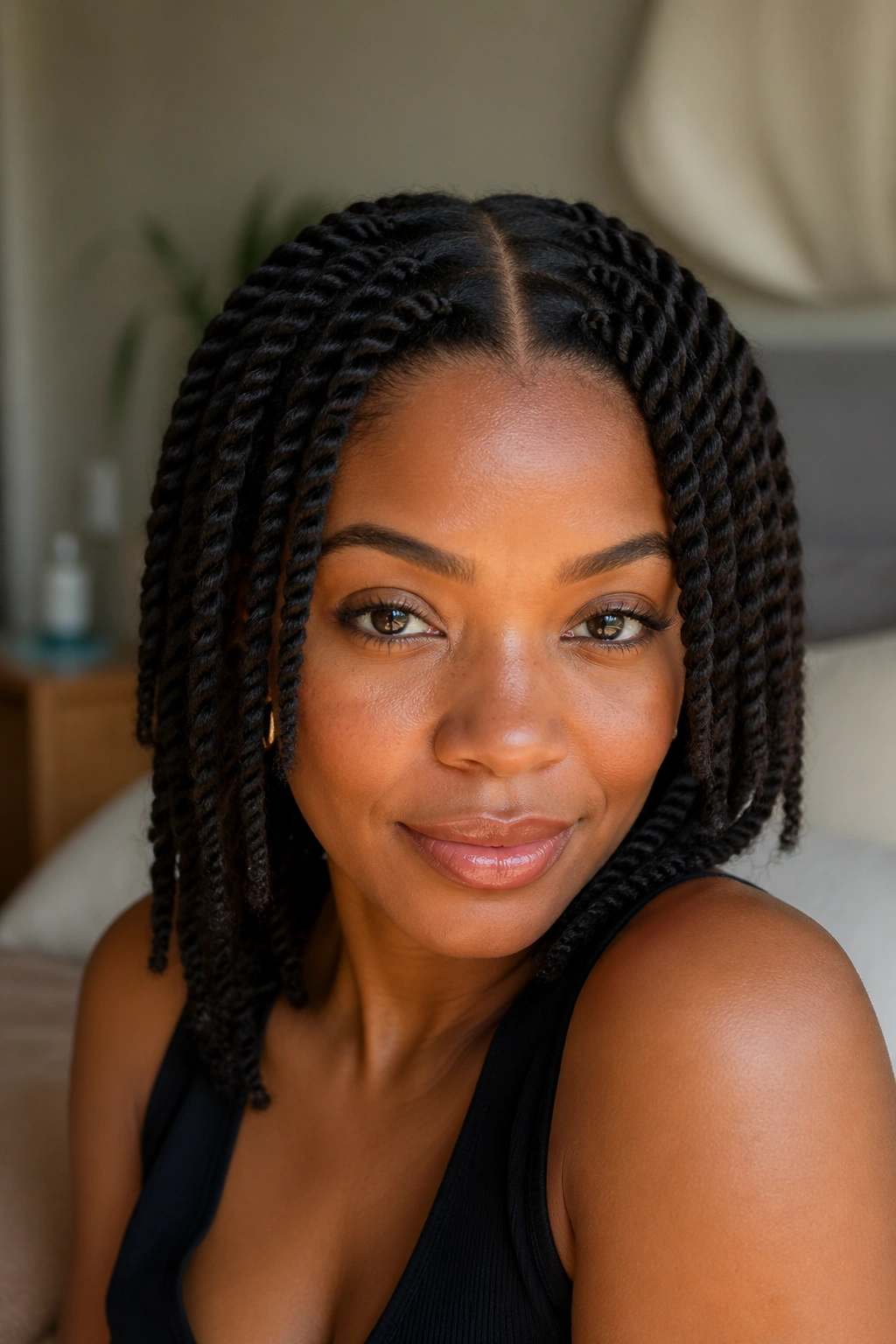 Real woman with center-part twists on both sides