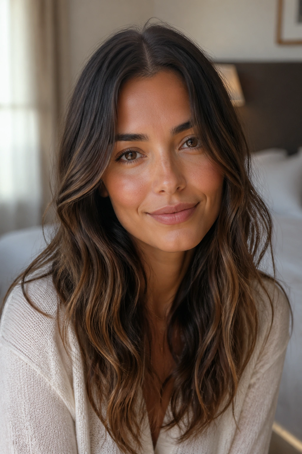 Close-up of a real woman with center-part soft waves