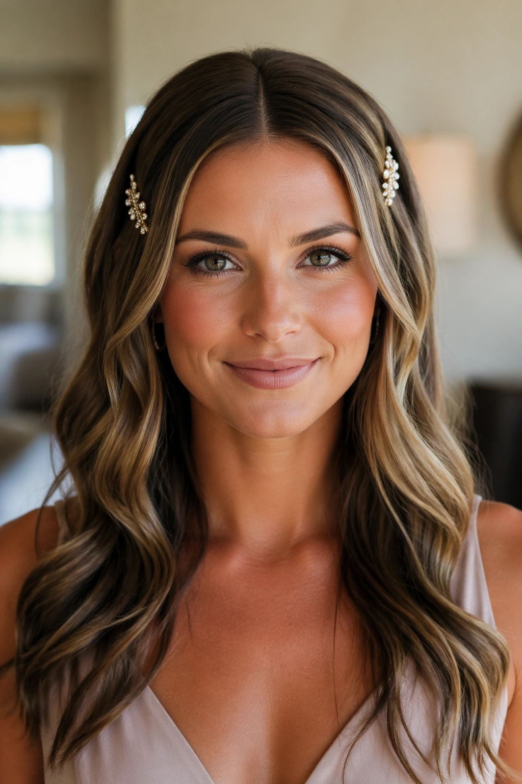 Close-up of a real woman with center-part soft waves and hair pins