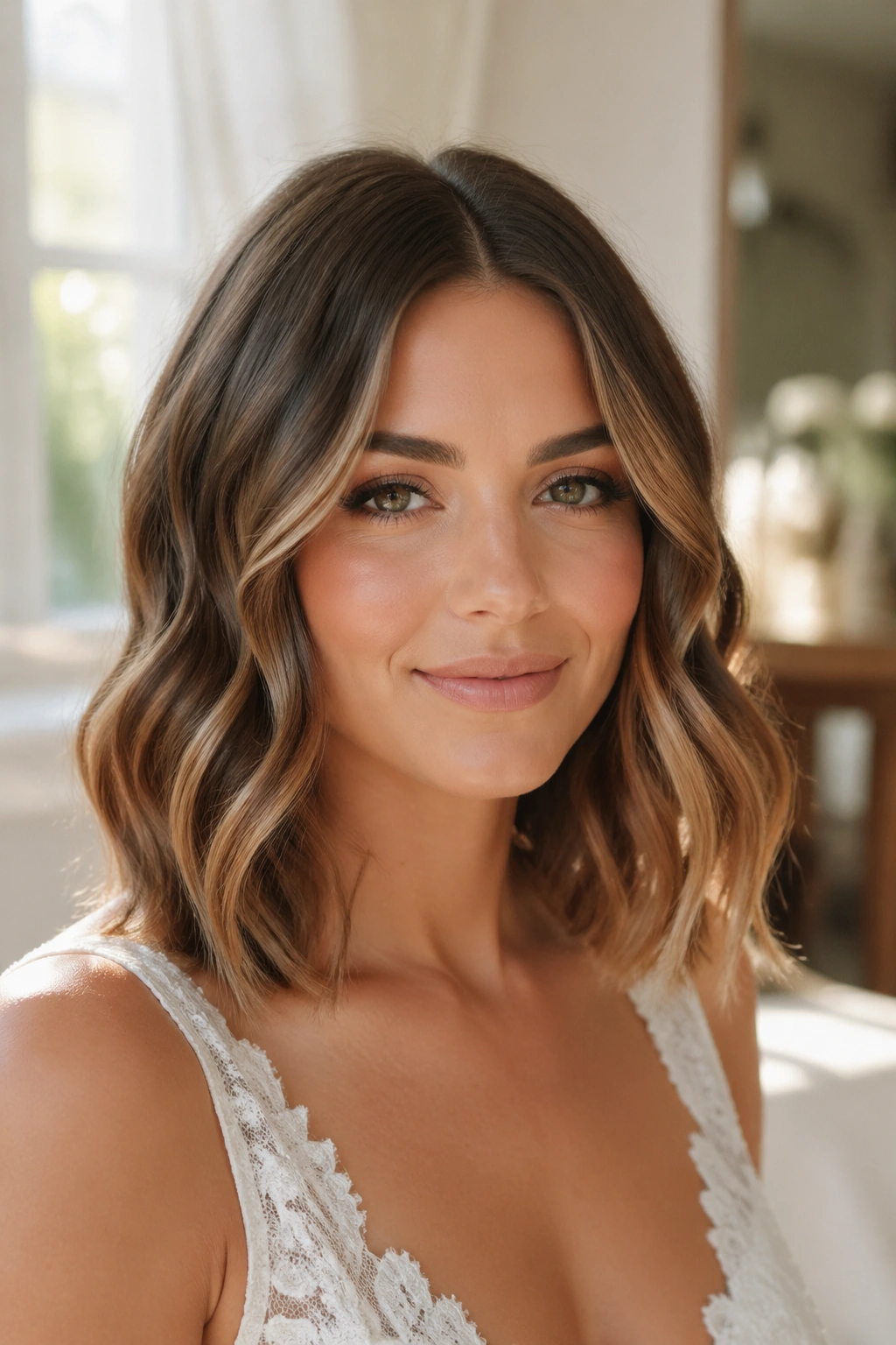 Close-up of real woman with soft center-part waves in a wedding-ready lob