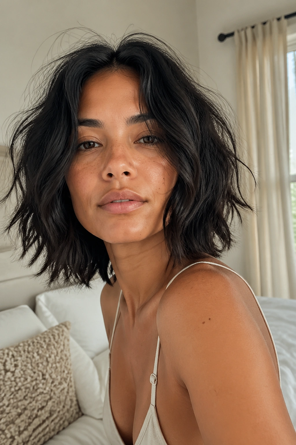 Portrait of a real woman with center-parted bedhead waves in dark hair.