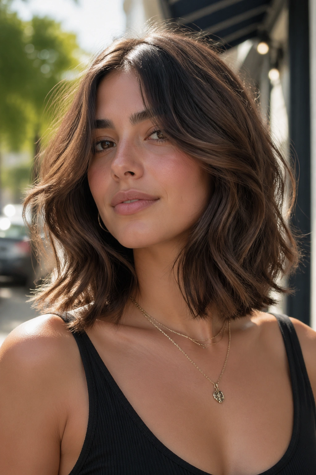 Real woman with center-parted butterfly lob and cheekbone layers in daylight