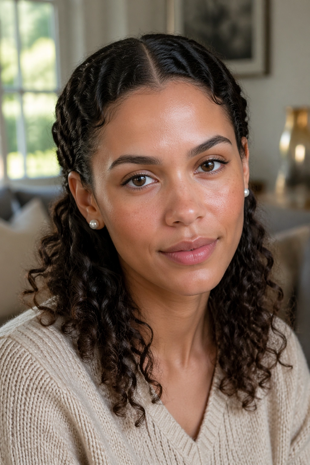 Close-up of a real person with center-parted curls tucked behind the ears, highlighting cheekbones in warm window light