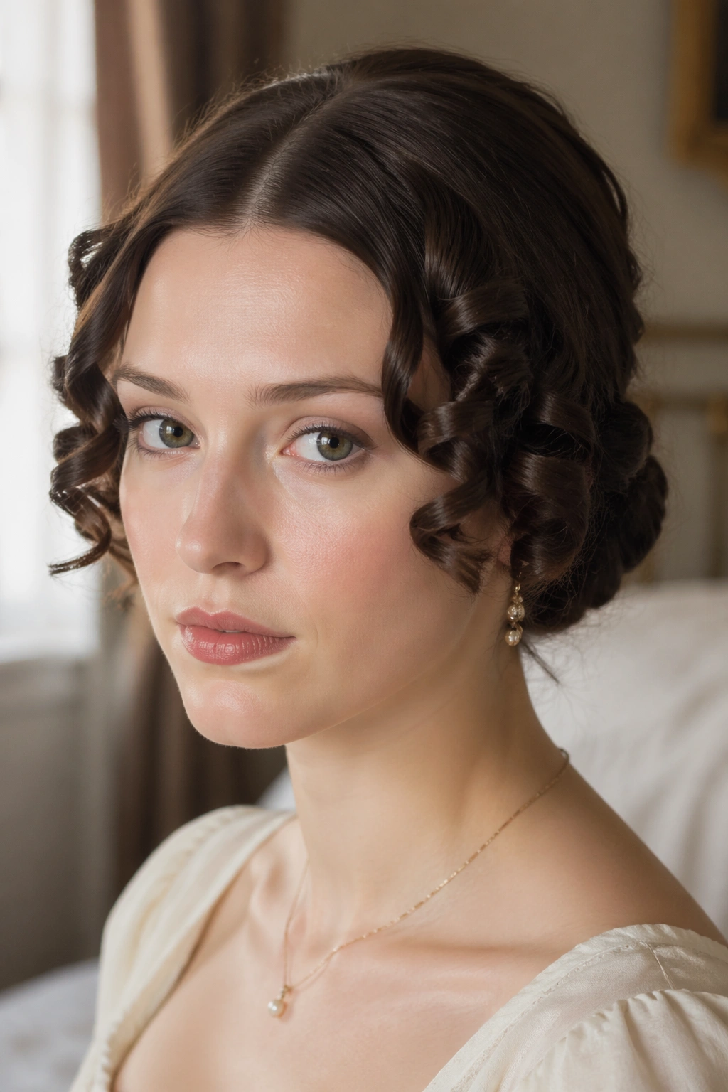 Close-up portrait of a real woman with center-parted ringlets at the temples and a low back roll.
