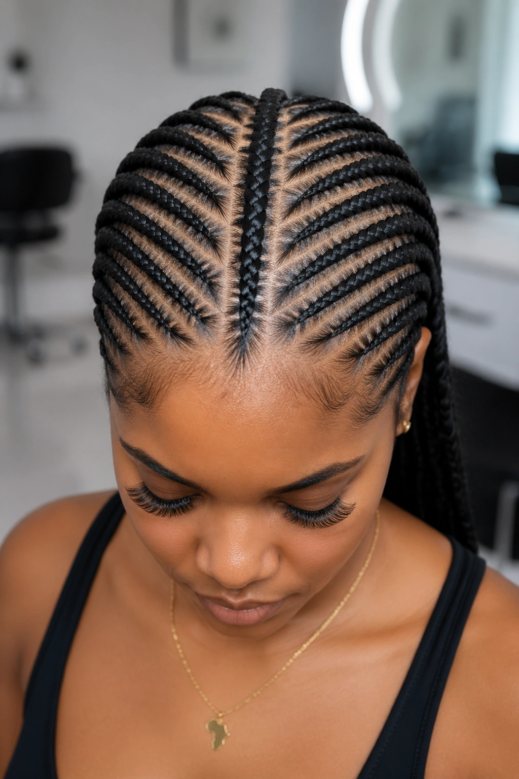 Center-spine fishbone cornrow on a real person