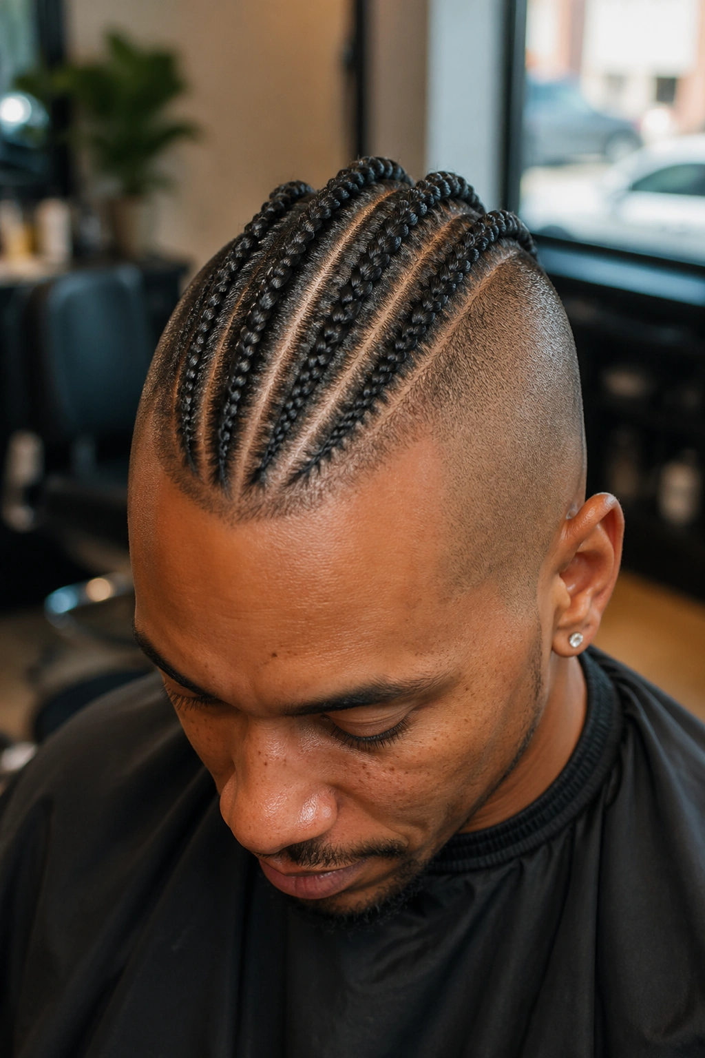 Portrait of a real person with a center strip needle cornrow Mohawk