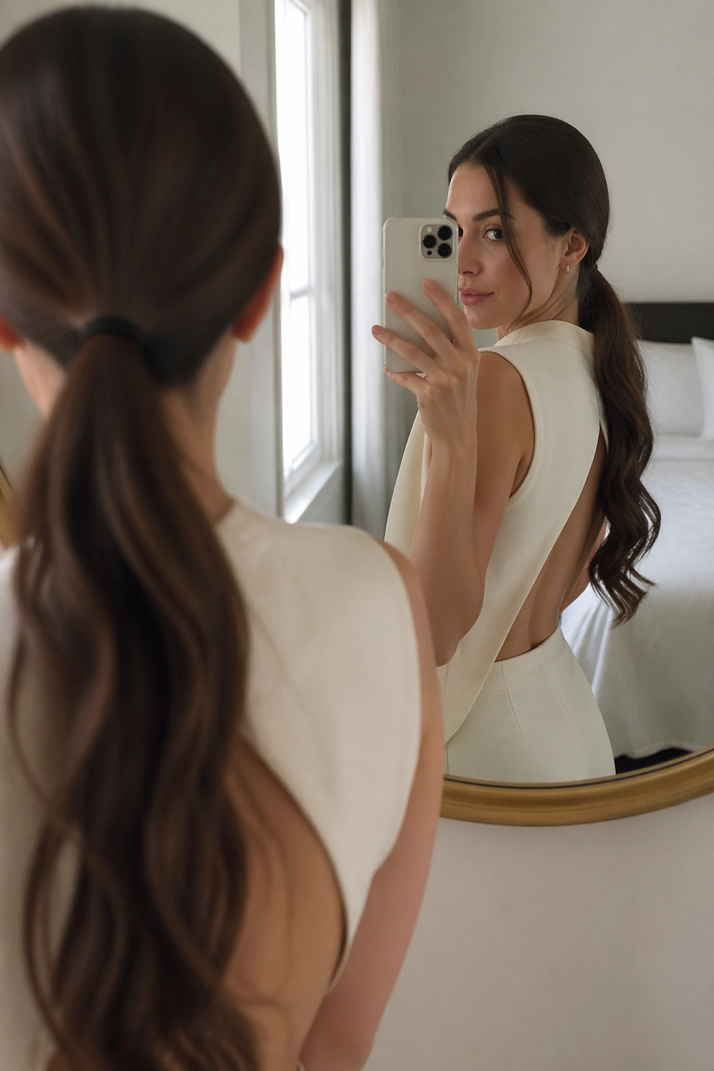 Center-swept minimalist side ponytail mirror selfie