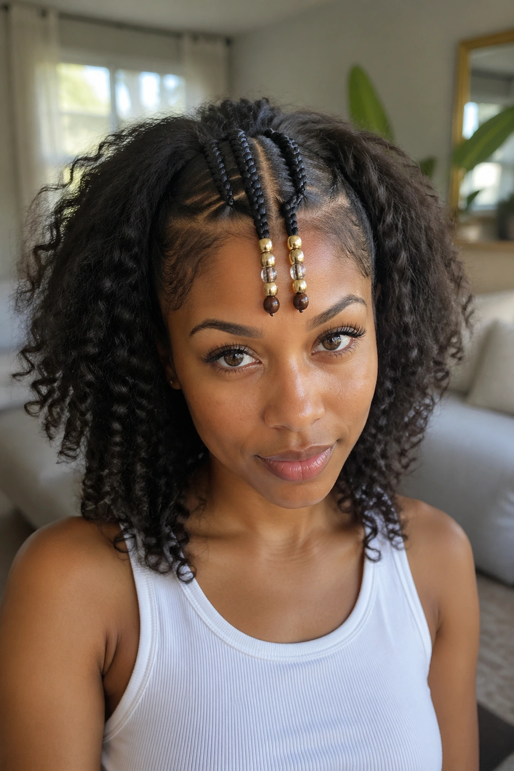 Portrait of centered beaded cornrow strip with loose sides
