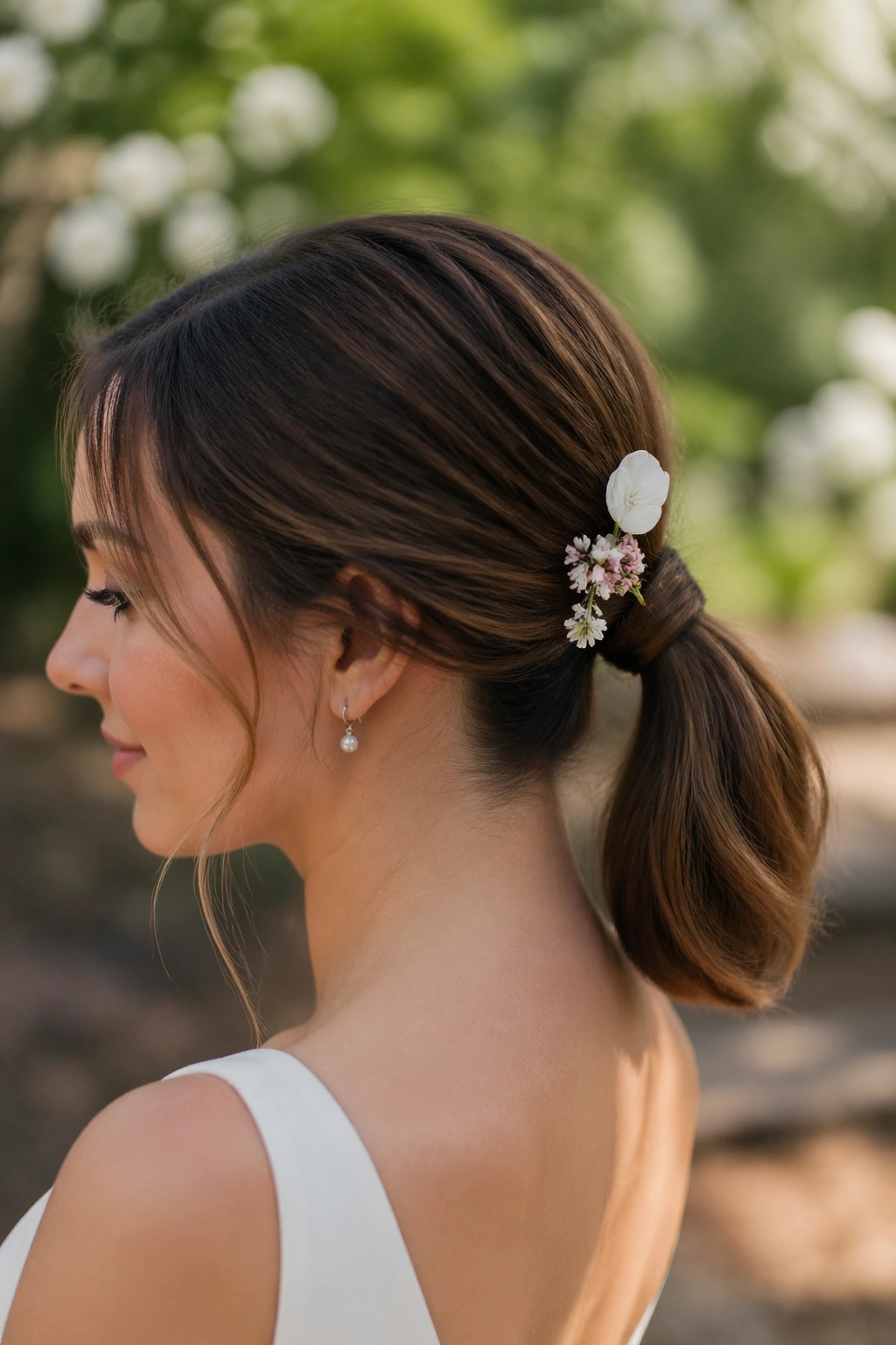 Real woman with centered ponytail and floral pins in a soft outdoor bridal setting.