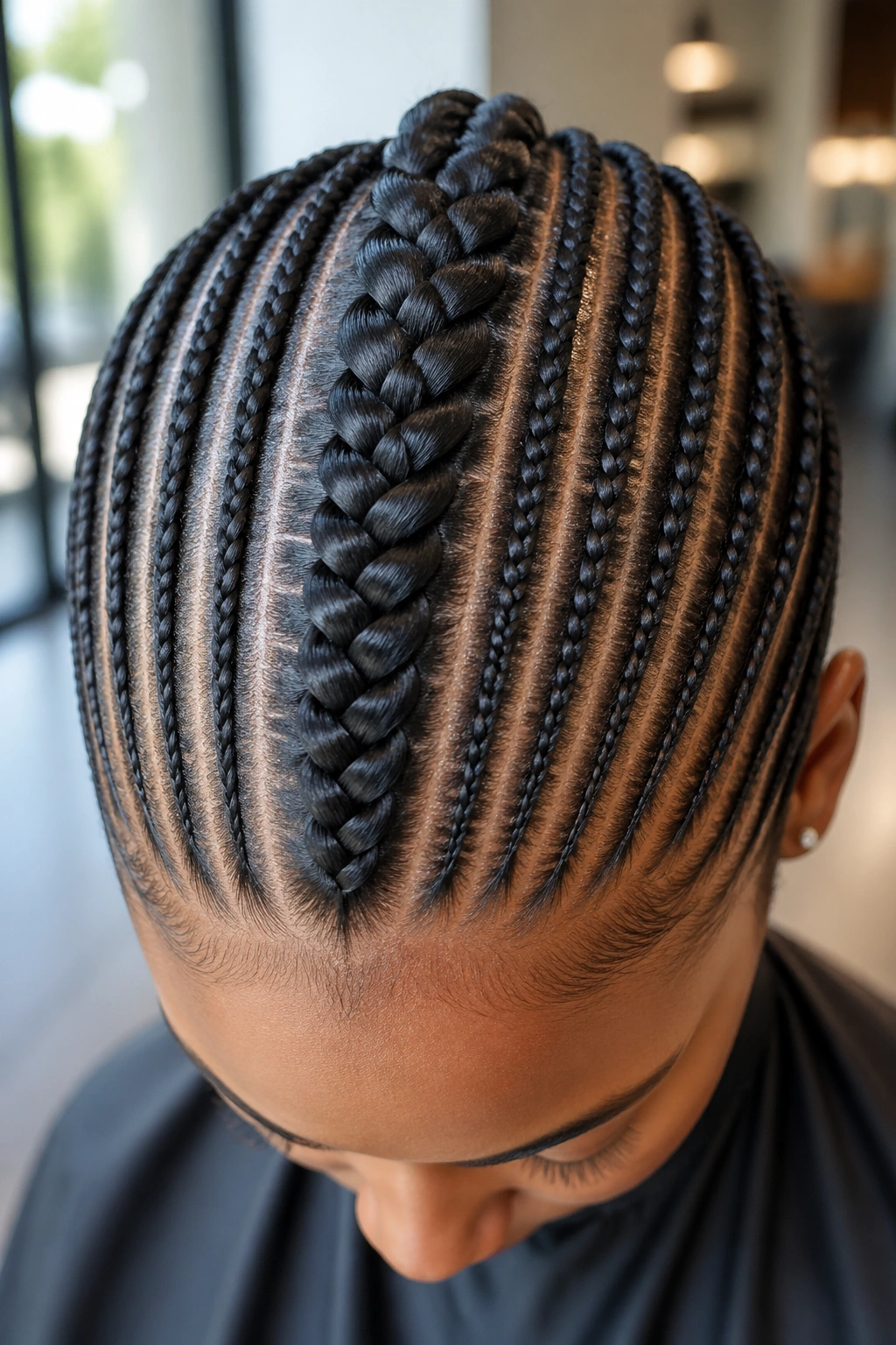 Close-up of a real person with a central large braid among twenty cornrows