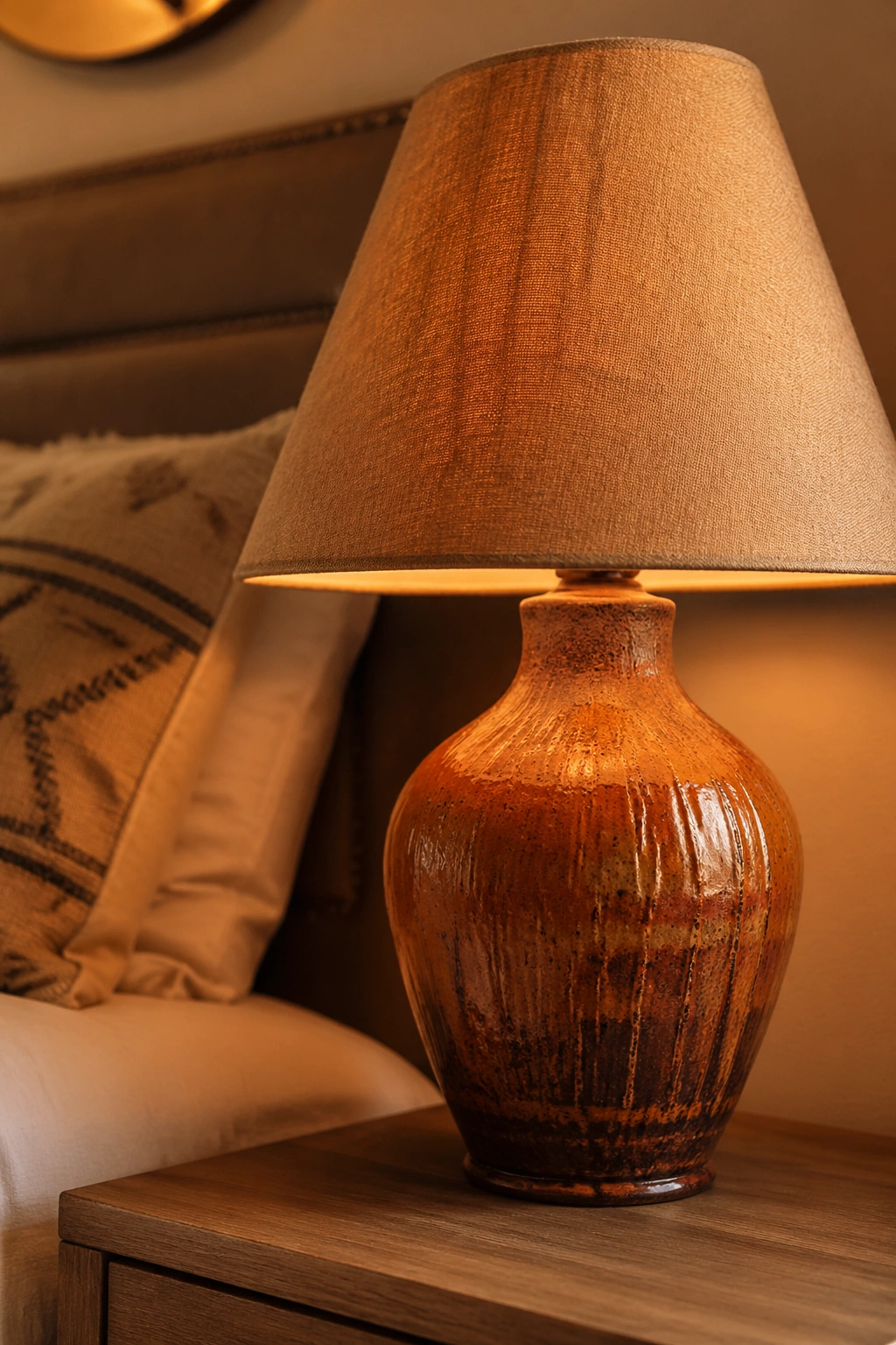Close-up of a ceramic clay lamp on a nightstand
