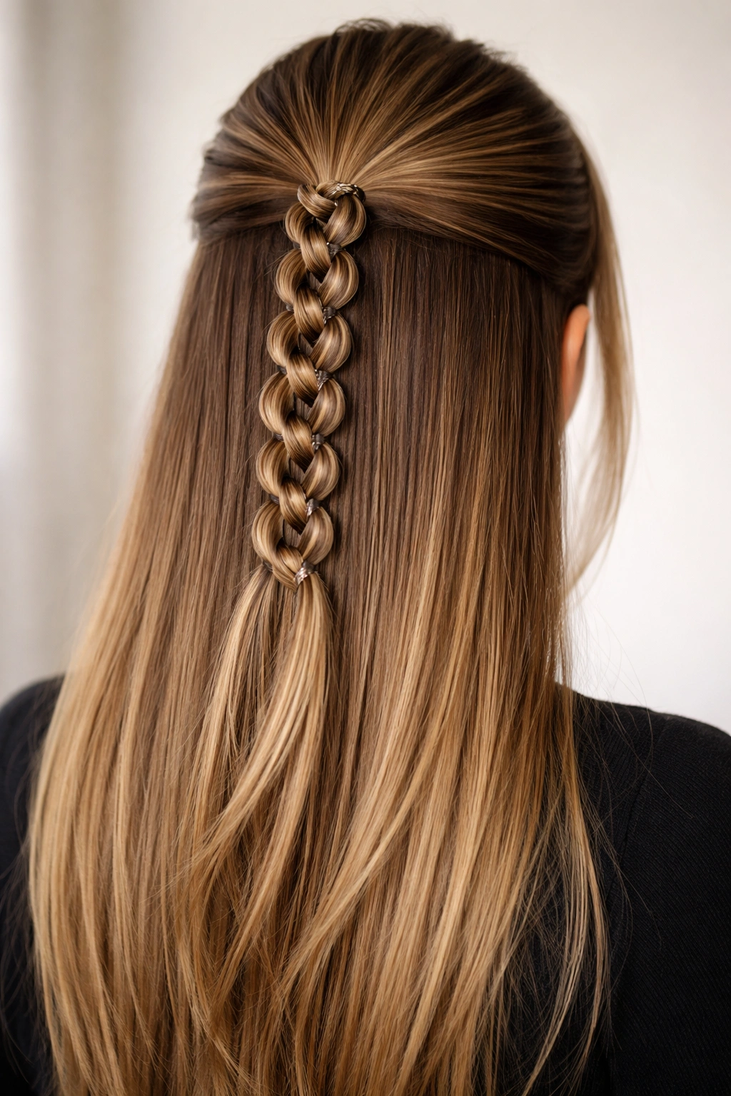 Back view of hair braided into a chain-link pattern along the back of the head.