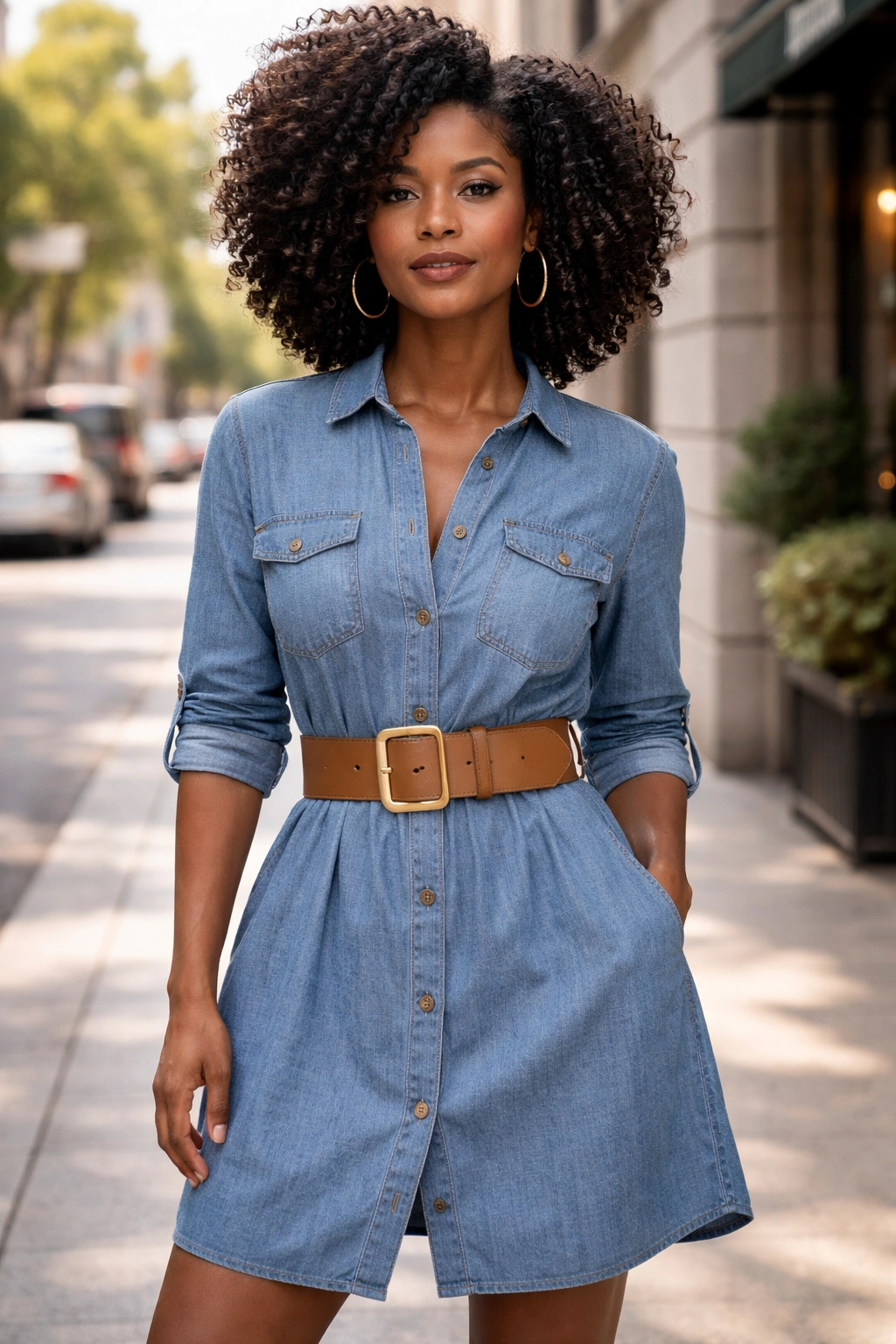 Portrait of a real person in belted chambray shirt dress