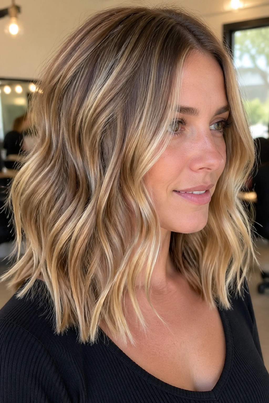 Close-up of a real woman with shoulder-length waves and champagne babylights in soft lighting