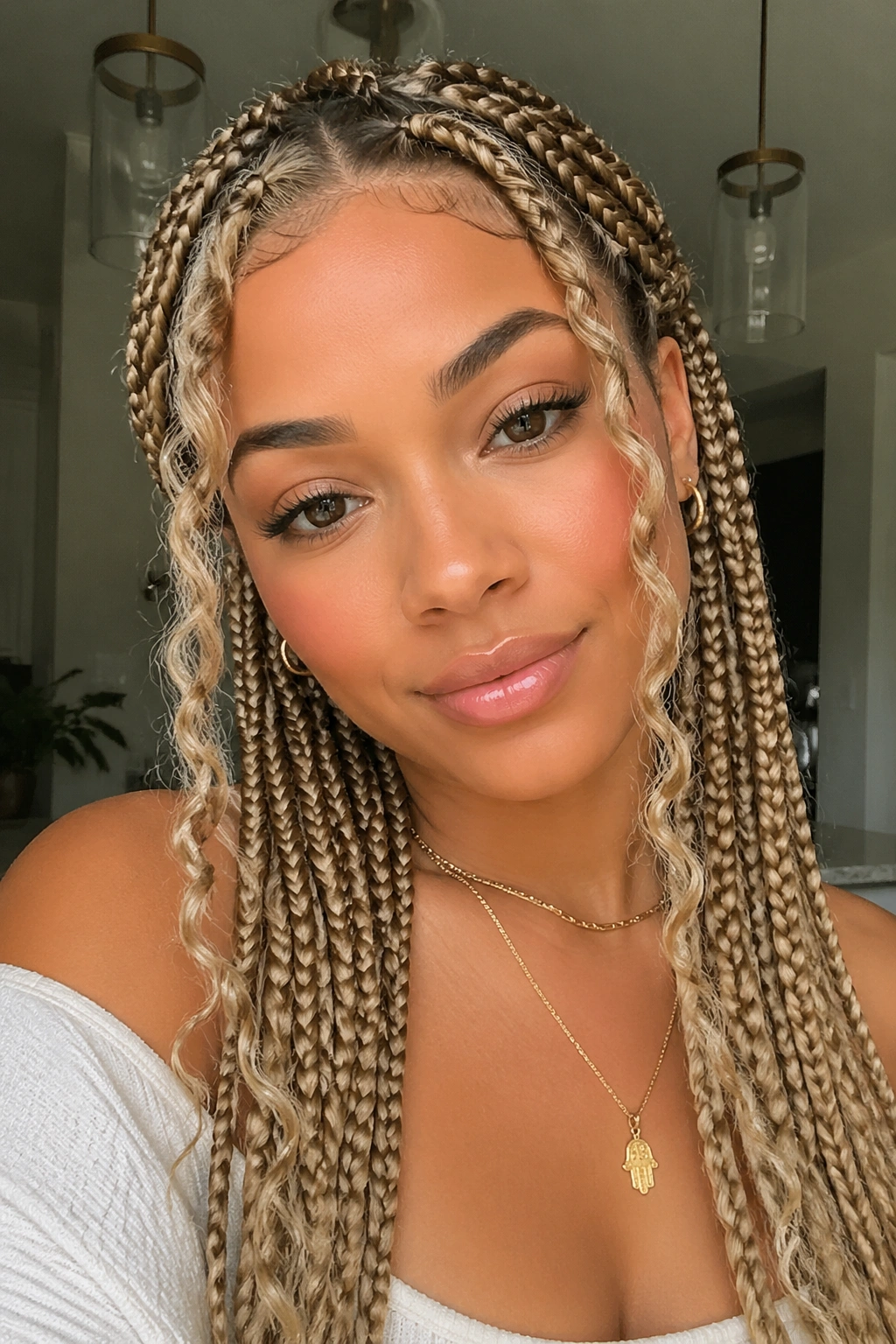 Close-up portrait of a real woman with champagne blonde braids and face-framing pieces in soft light