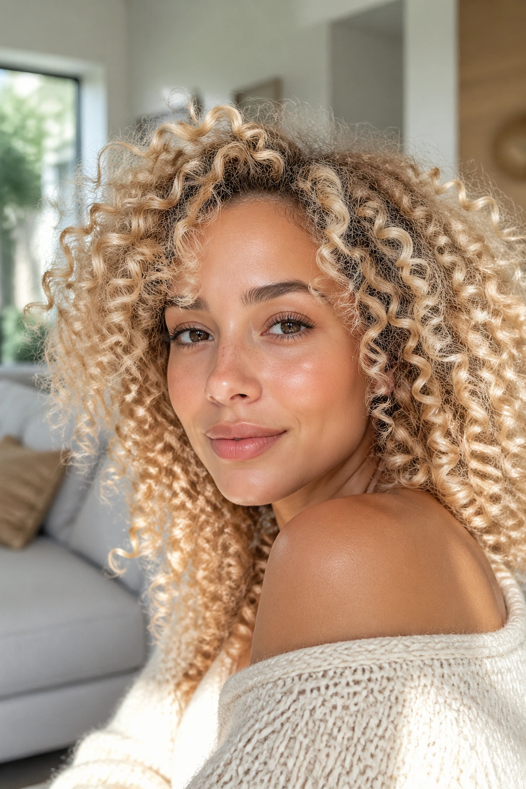 Close-up of a real woman with champagne blonde curls in warm golden light