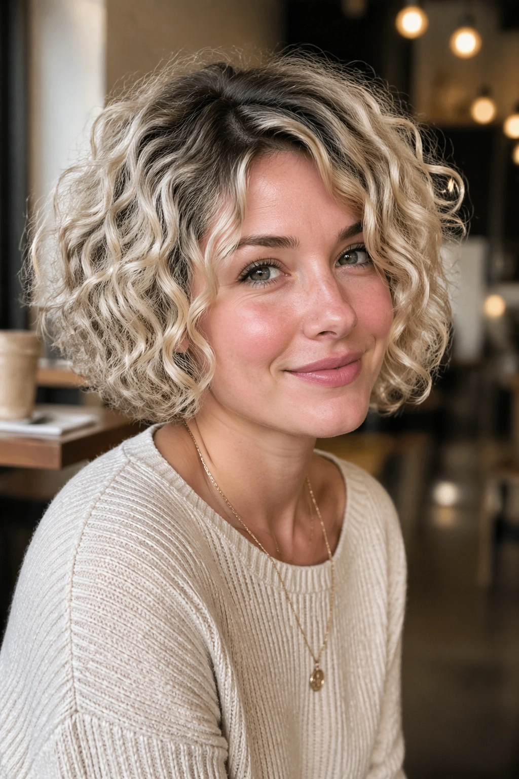 Close-up of a real woman with champagne blonde curly bob and root shadow.