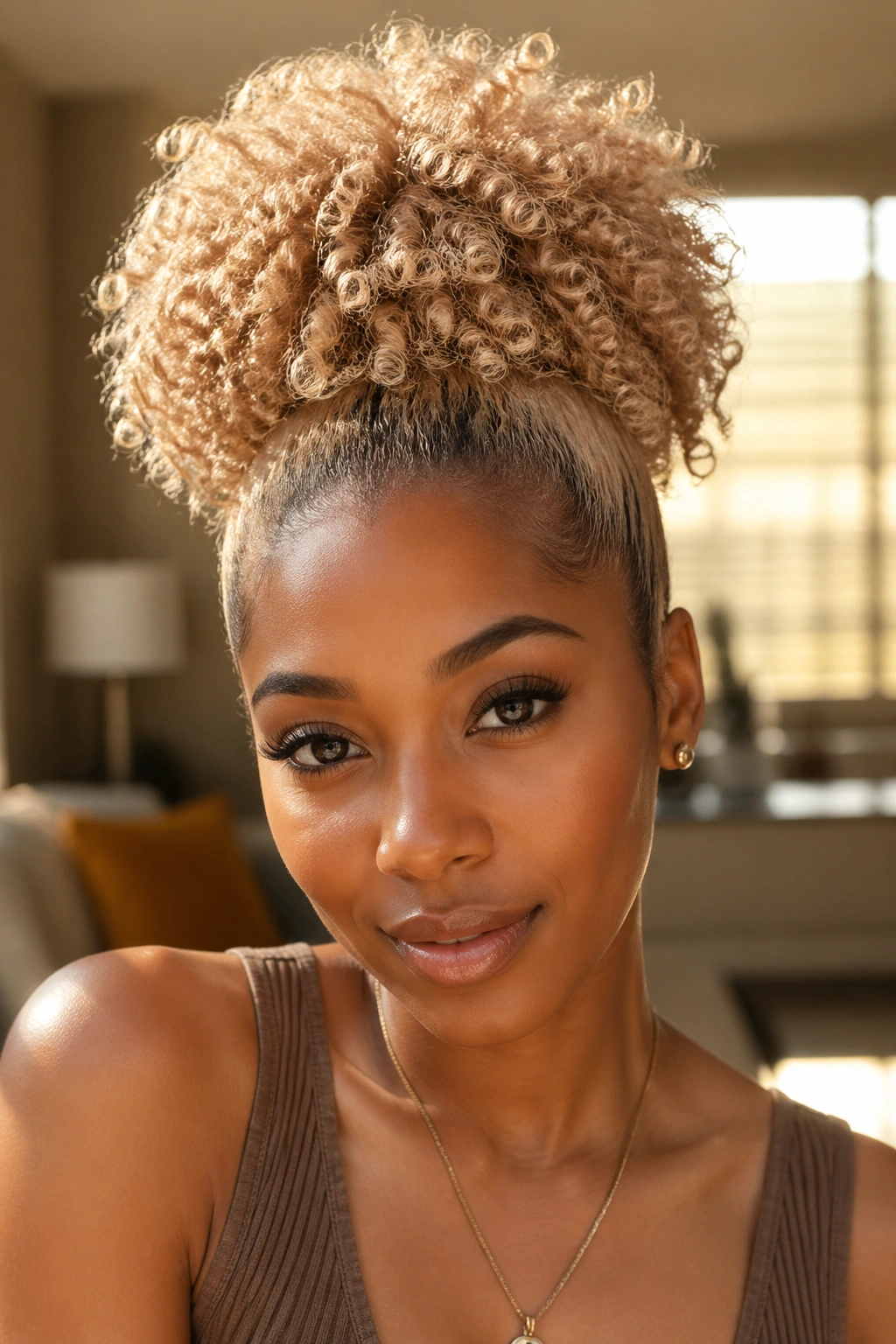 Close-up of a real person with champagne blonde curly puff