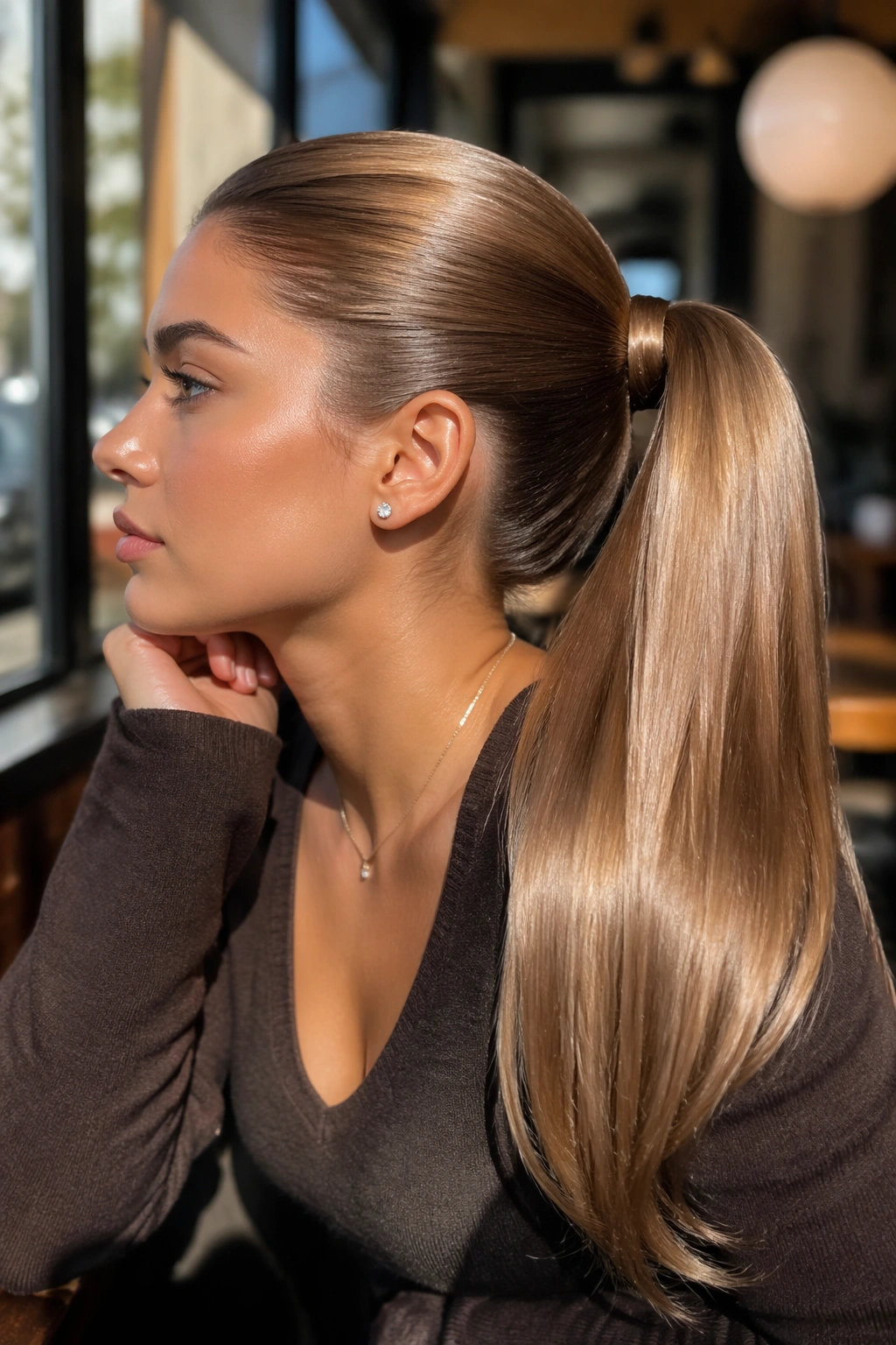 Close-up of a real woman with a champagne brown ponytail showing mirror shine under natural cafe light