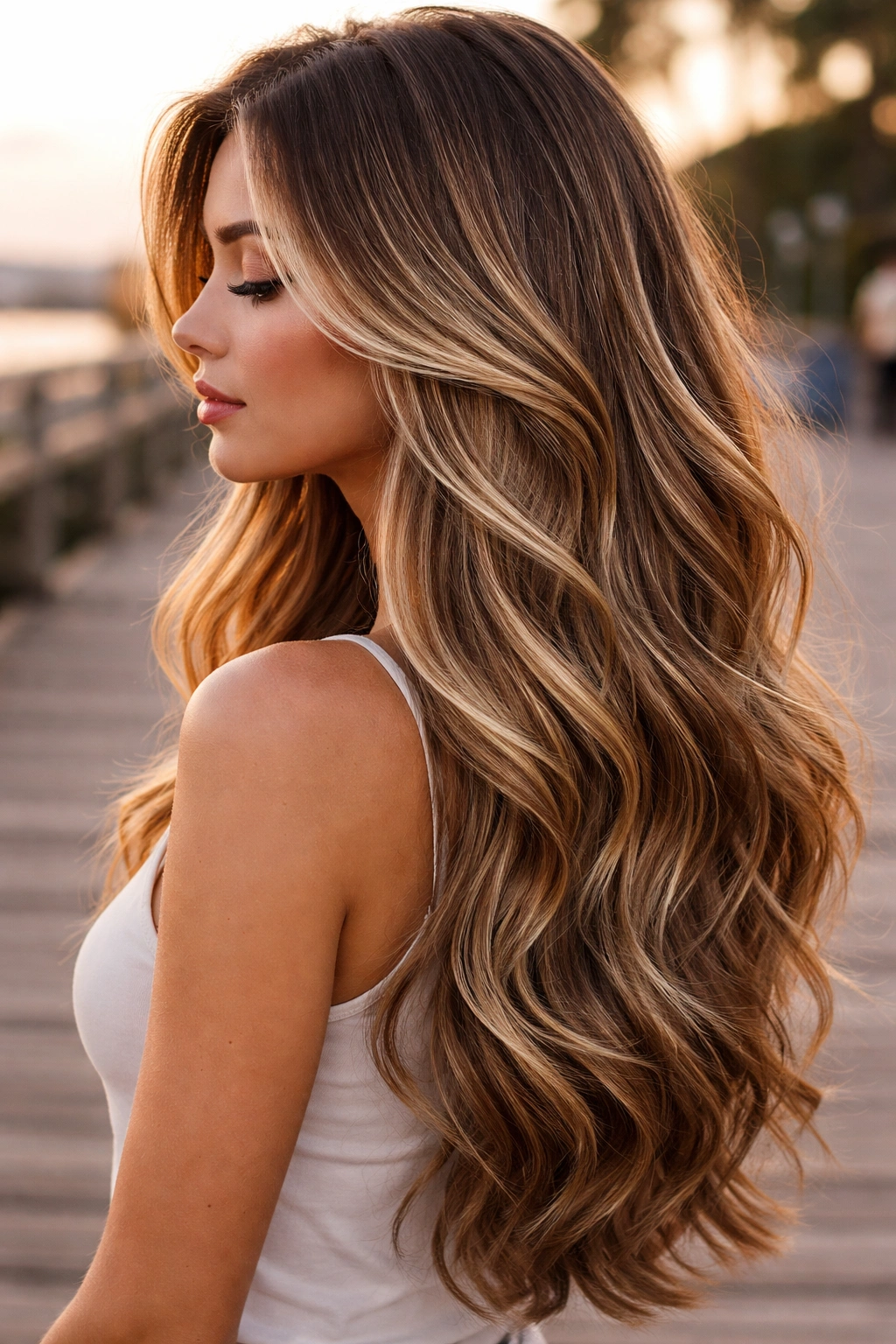 Profile of a real woman with long V-cut and champagne ribbon highlights at sunset