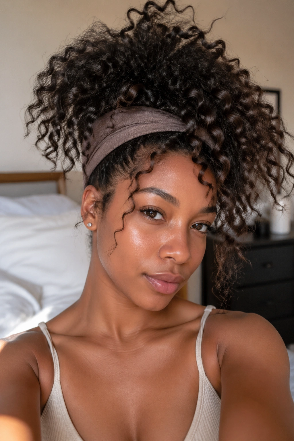 Close-up of a real woman with a chaotic pineapple hairstyle and off-center curls