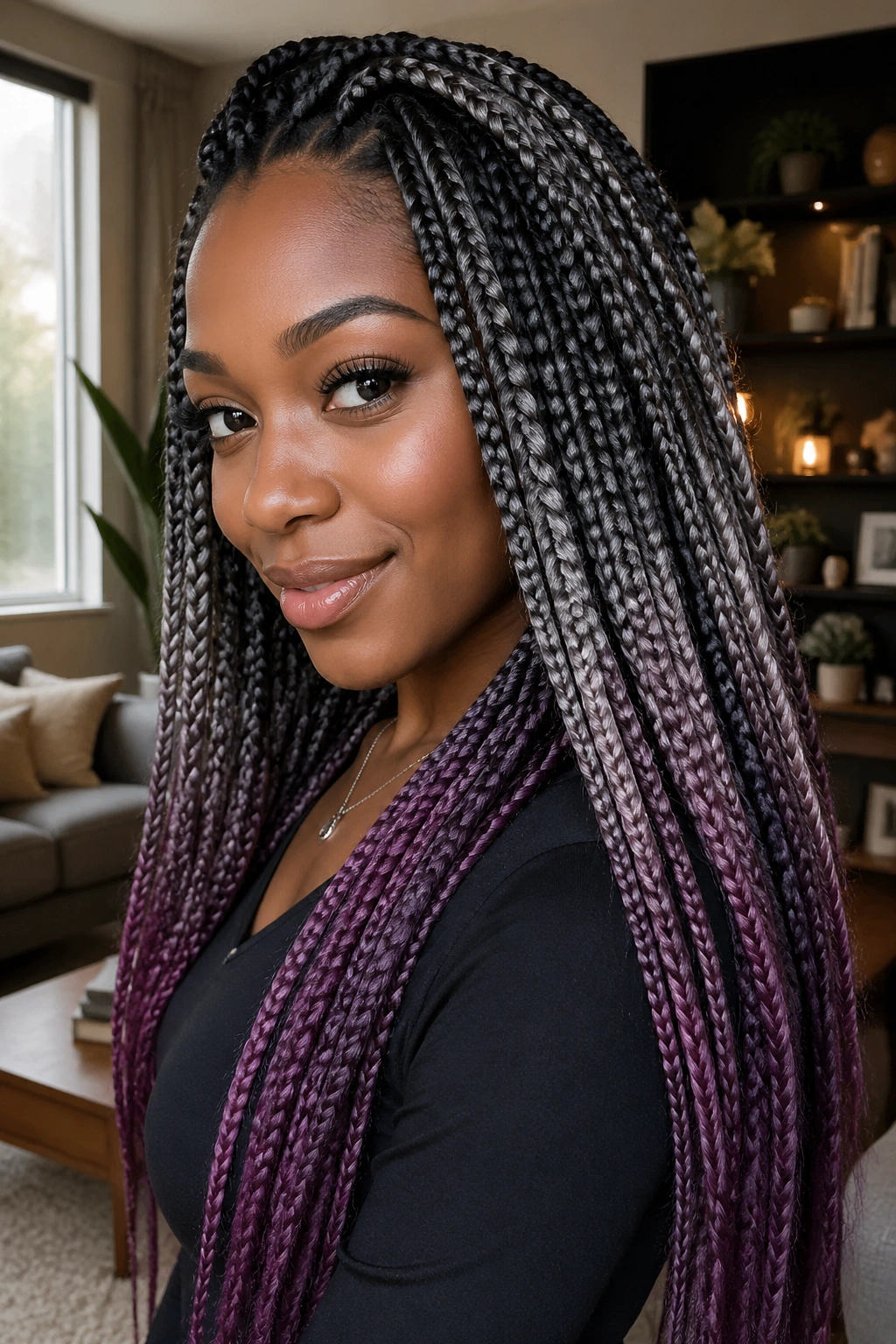 Close-up of charcoal-to-grape ombre box braids on a real person, smooth color transition from dark roots to grape ends.