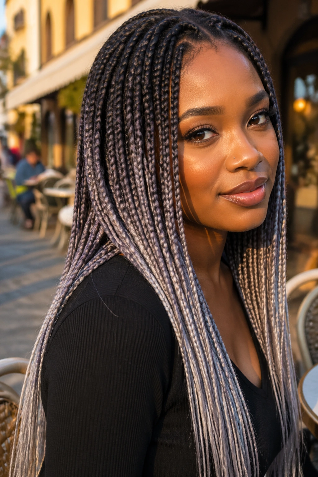 Close-up portrait of charcoal to silver ombre grey box braids on a real woman outdoors