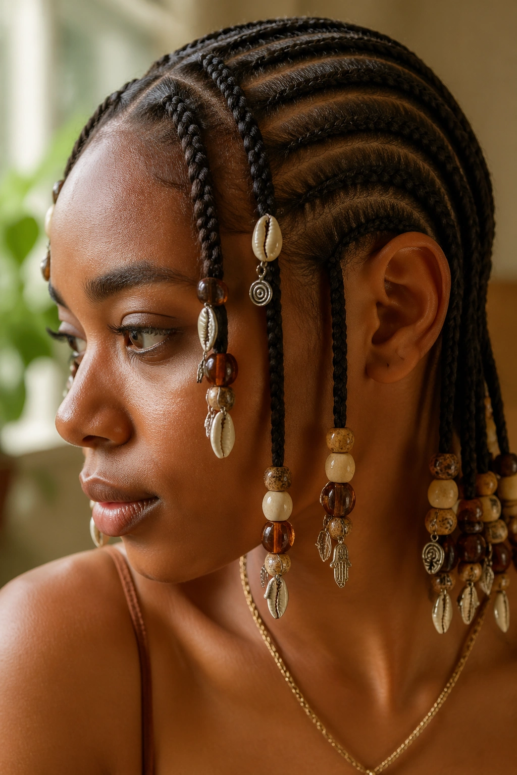 Close-up of a real person’s cornrows with beads and charms on selected braids