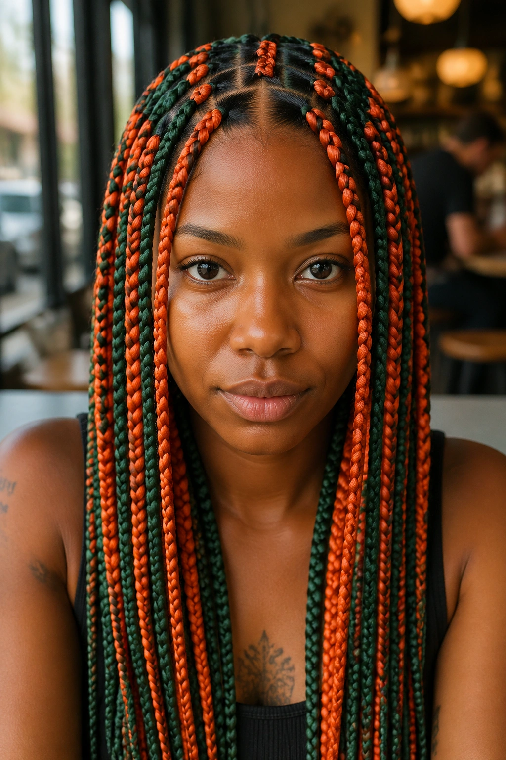 Front-facing portrait showing a checkerboard pattern of green and orange braids