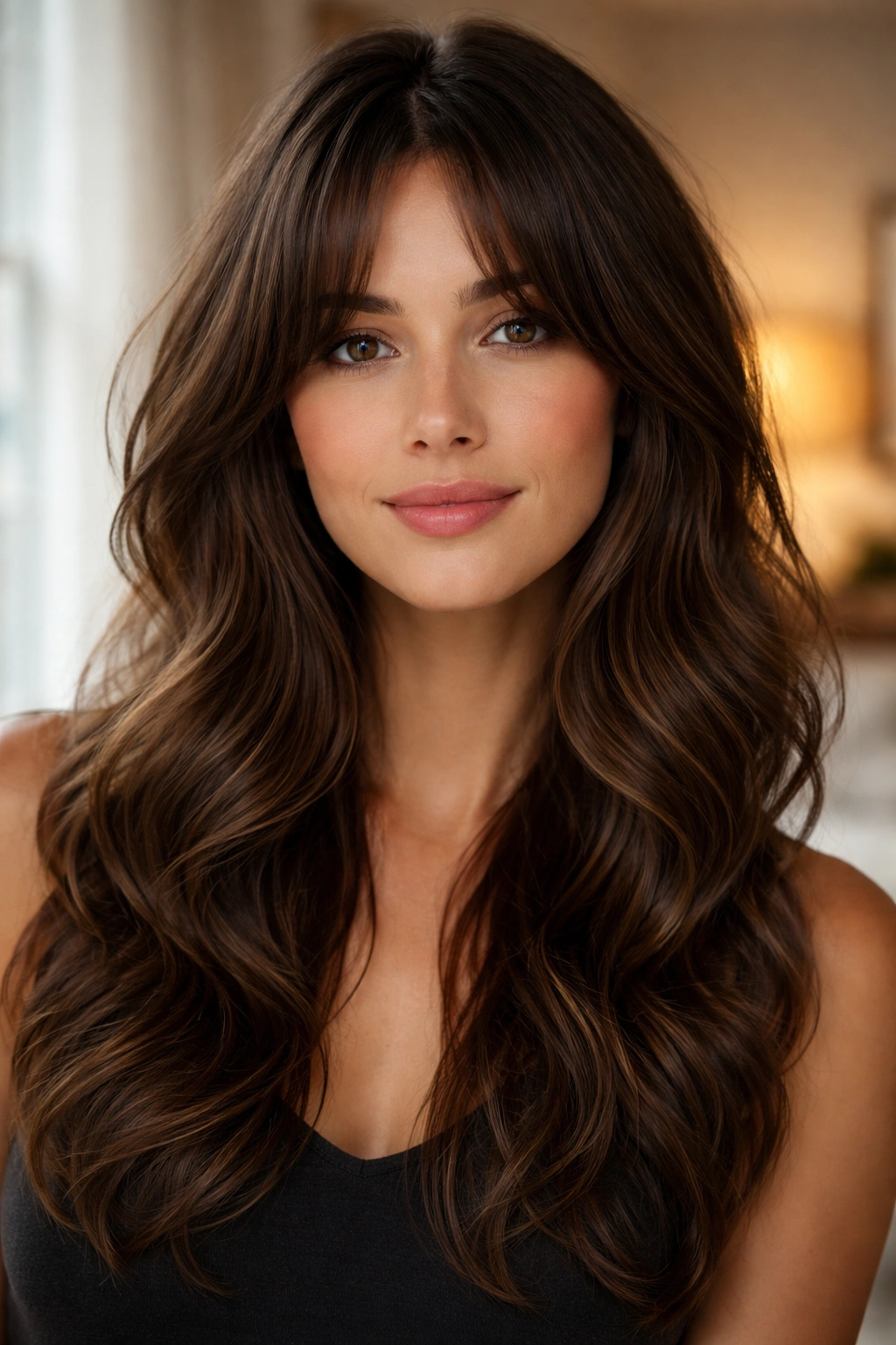 Close-up of a woman with cheekbone-length curtain bangs in window-lit bedroom