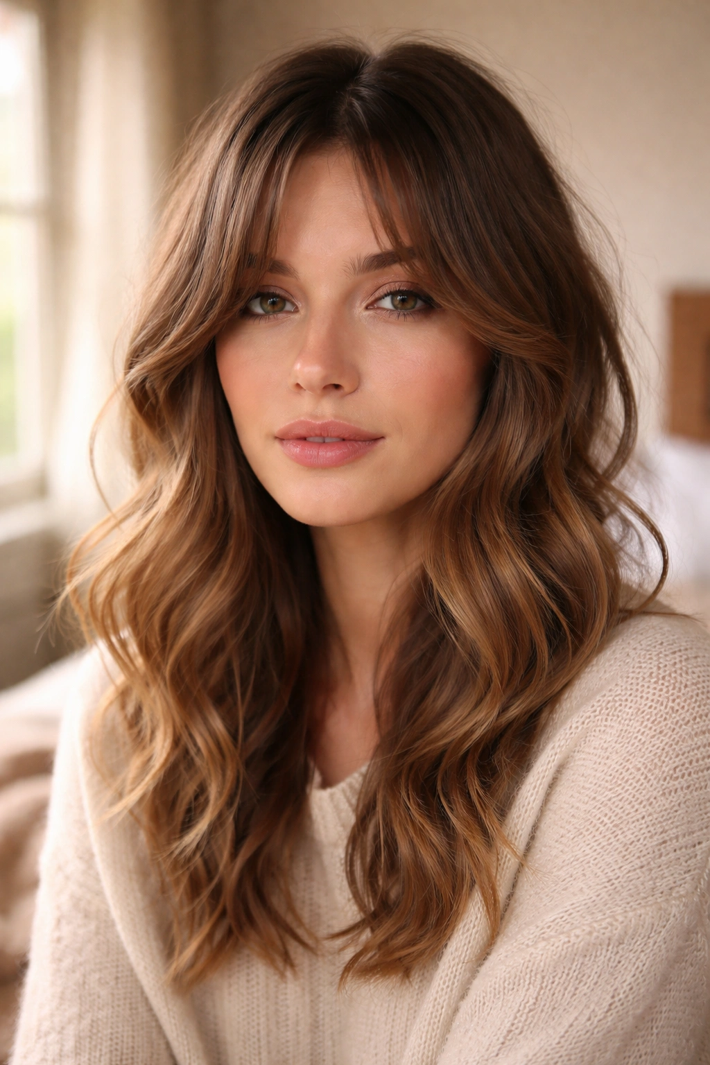 Close-up of a woman with cheekbone-length curtain bangs and wavy hair.
